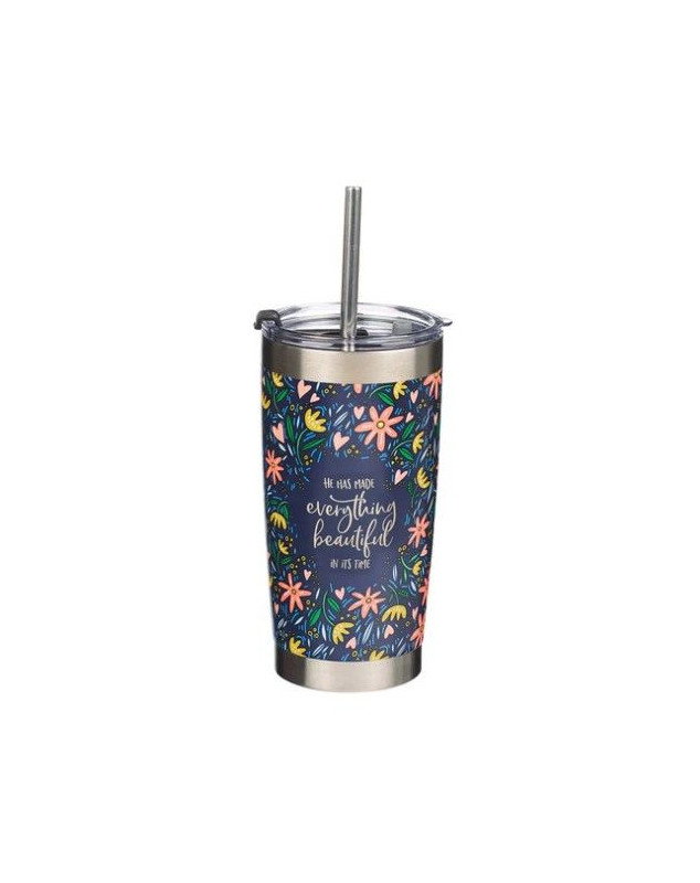 Mug  de voyage en acier inoxydable Everything Beautiful - Eccl 3 :11  avec paille réutilisable