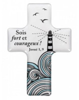 Magnet croix avec joli motif phare et texte: "Sois fort et courageux !" Jo 1.9