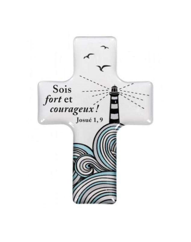 Magnet croix avec joli motif phare et texte: "Sois fort et courageux !" Jo 1.9