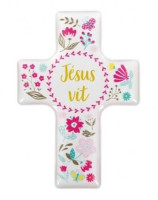 Magnet croix décoratif avec motif floral et le texte : "Jésus vit".