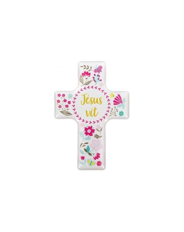 Magnet croix décoratif avec motif floral et le texte : "Jésus vit".