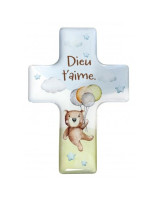 Magnet décoratif croix "Ourson" avec le texte "Dieu t'aime."