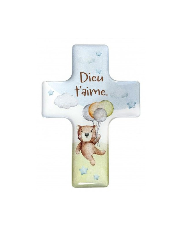 Magnet décoratif croix "Ourson" avec le texte "Dieu t'aime."