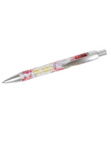 Stylo à bille avec motif pivoines et le texte : "Soyez heureux avec le Seigneur."