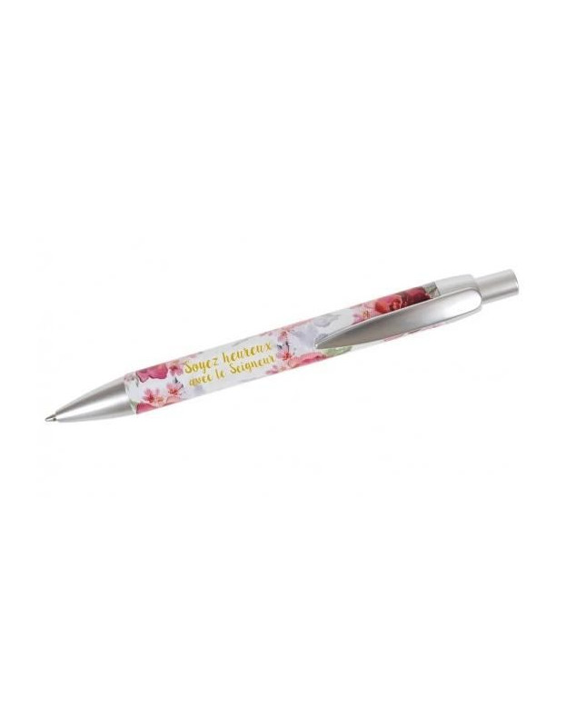 Stylo à bille avec motif pivoines et le texte : "Soyez heureux avec le Seigneur."