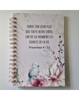 Carnet A6 spirales décor oiseau et fleurs roses