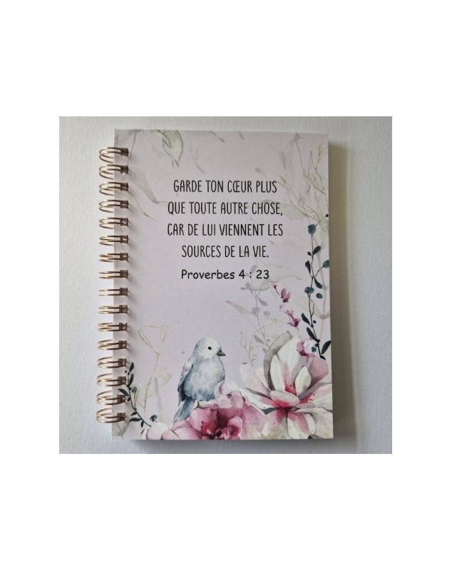 Carnet A6 spirales décor oiseau et fleurs roses