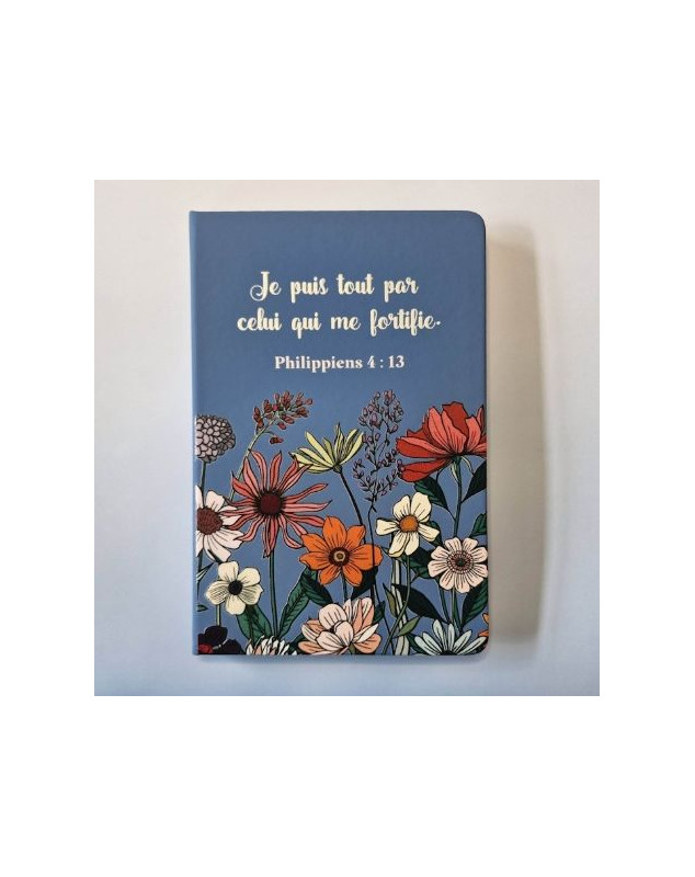 Carnet A5 à couverture rigide bleue à fleurs avec fermeture élastique et marque-pages