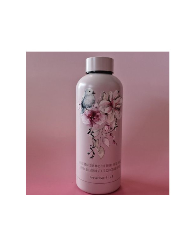 Bouteille isotherme oiseau fleurs roses - Librairie 7ici