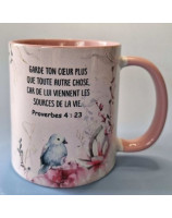 Mug rose oiseau et fleurs - Librairie 7ici