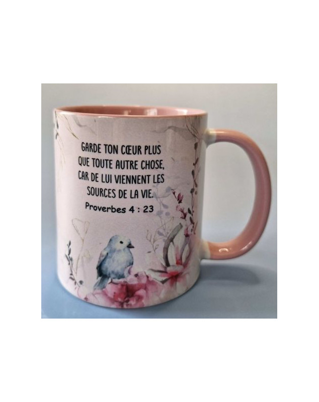 Mug rose oiseau et fleurs - Librairie 7ici