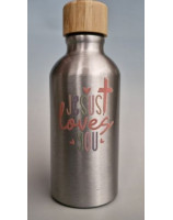 Petite Gourde argent, bouchon bambou « Jesus loves you »