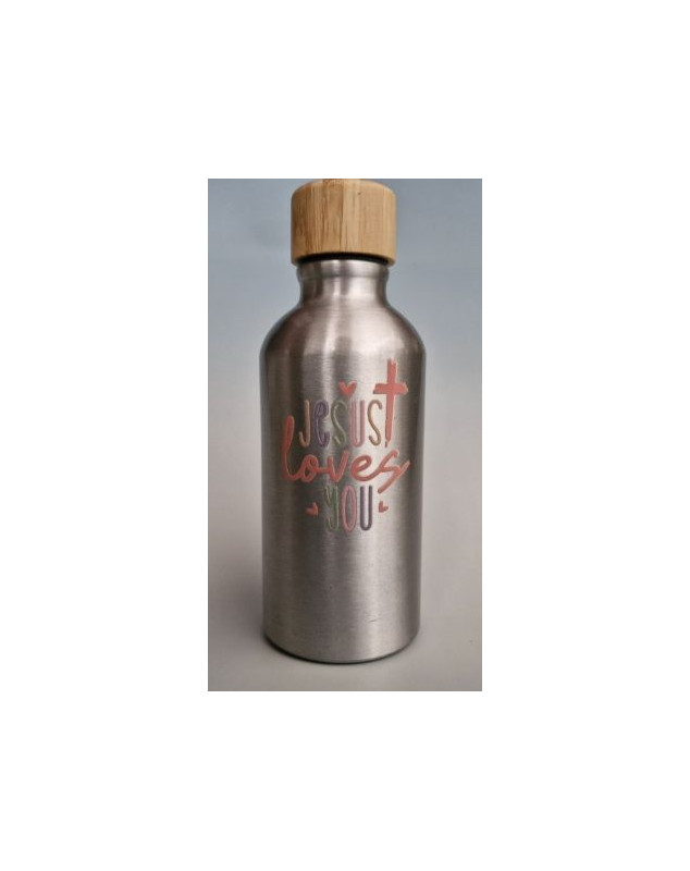 Petite Gourde argent, bouchon bambou « Jesus loves you »