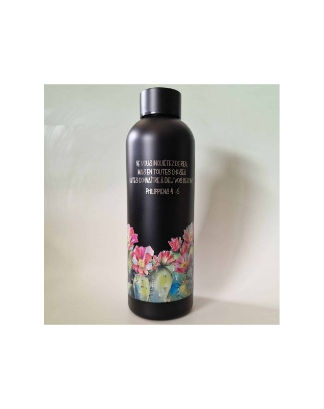 Bouteille isotherme noire cactus et fleurss