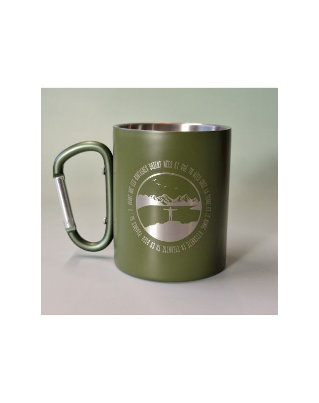 Tasse métallique verte avec anse mousqueton