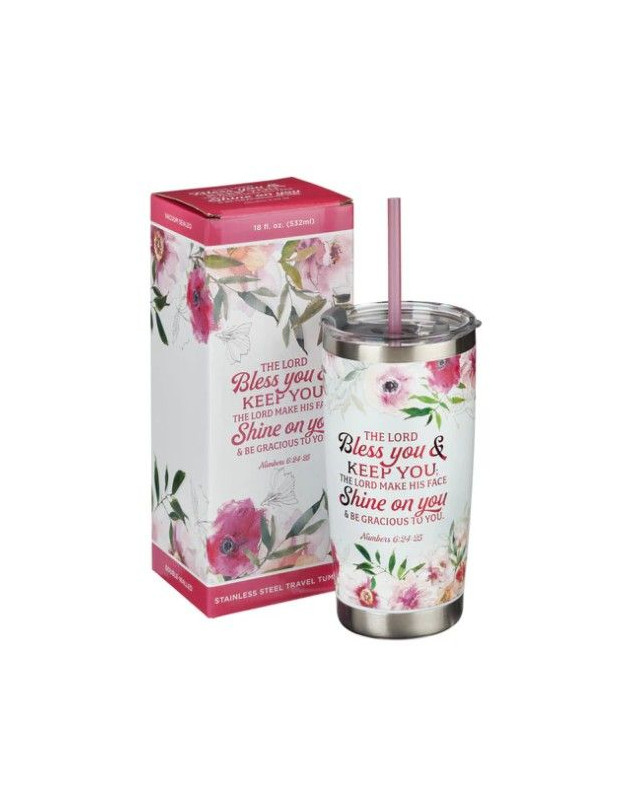 Mug  de voyage en acier inoxydable Bless You and Keep  -  avec paille réutilisable