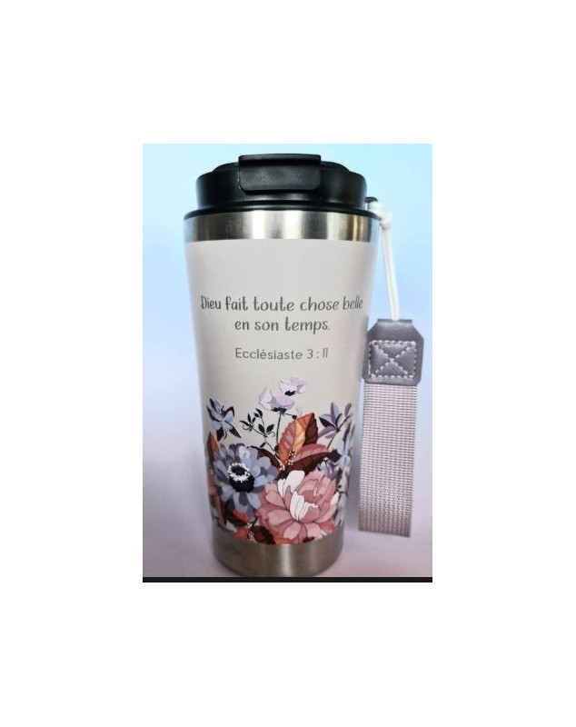 Mug isotherme rose clair fleurs - Librairie chrétienne 7ici