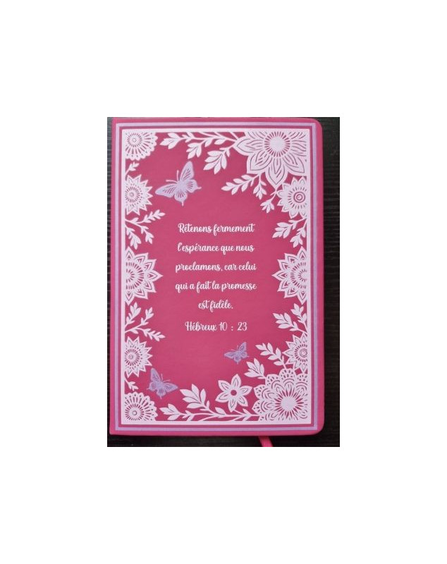 Carnet A5 à couverture rigide fuschia à fleurs et papillons avec fermeture élastique et marque-pages