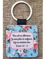 Porte-clés carr2 roses fond bleu