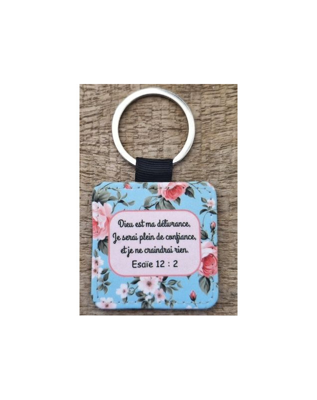 Porte-clés carr2 roses fond bleu