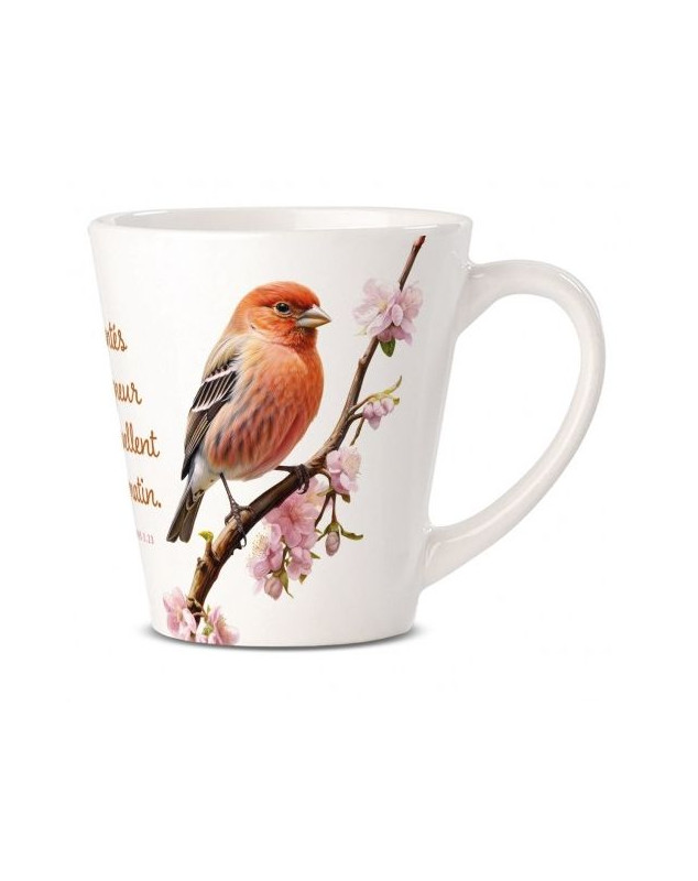 Tasse oiseau "Les bontés du Seigneur se renouvellent chaque matin." Lm 3.23