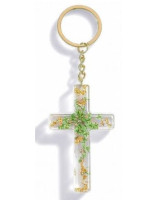 Porte-clé croix avec inclusions de fleurs - vert