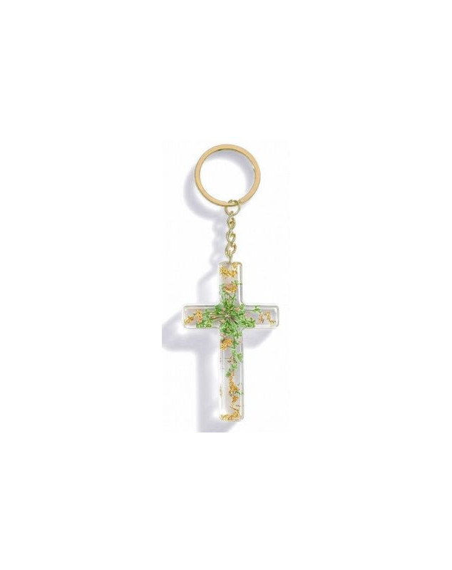 Porte-clé croix avec inclusions de fleurs - vert