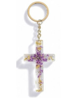 Porte-clé croix avec inclusions de fleurs - violet