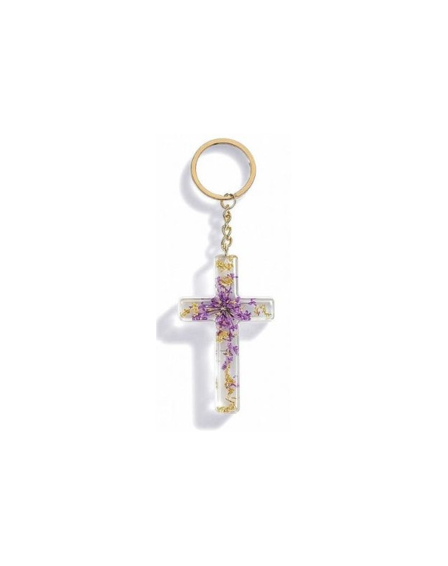 Porte-clé croix avec inclusions de fleurs - violet