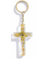 Porte-clé croix avec inclusions de fleurs - jaune