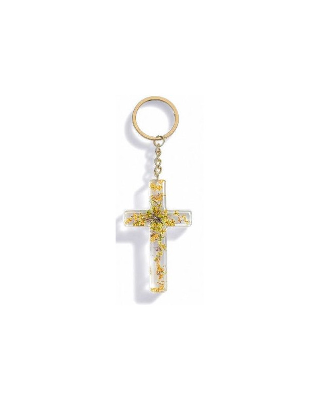 Porte-clé croix avec inclusions de fleurs - jaune