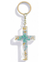 Porte-clé croix avec inclusions de fleurs - turquoise