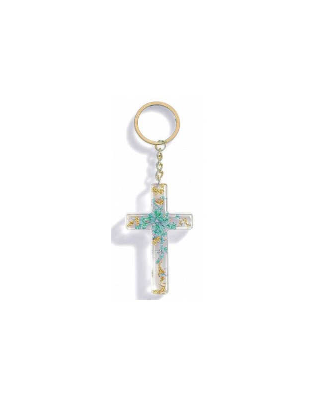 Porte-clé croix avec inclusions de fleurs - turquoise