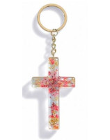 Porte-clé croix avec inclusions de fleurs - rouge