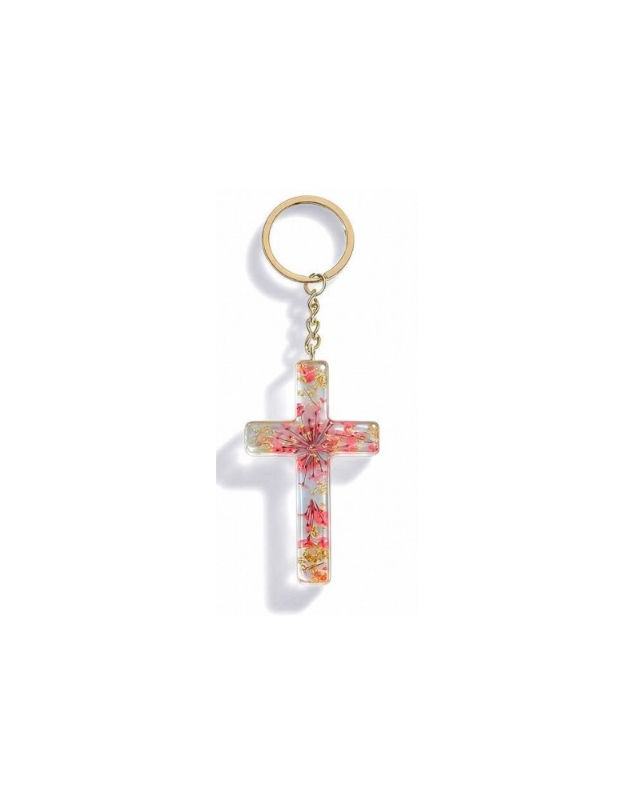 Porte-clé croix avec inclusions de fleurs - rouge